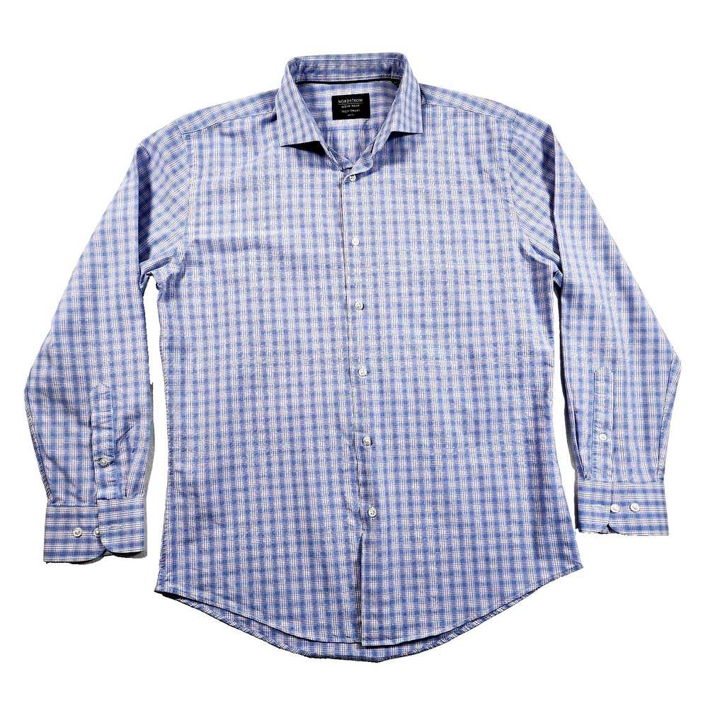 Nordstrom Button Shirt Mens 15 1/2 32-33 Tech-Smart Shop Plaid Trim Fit Office